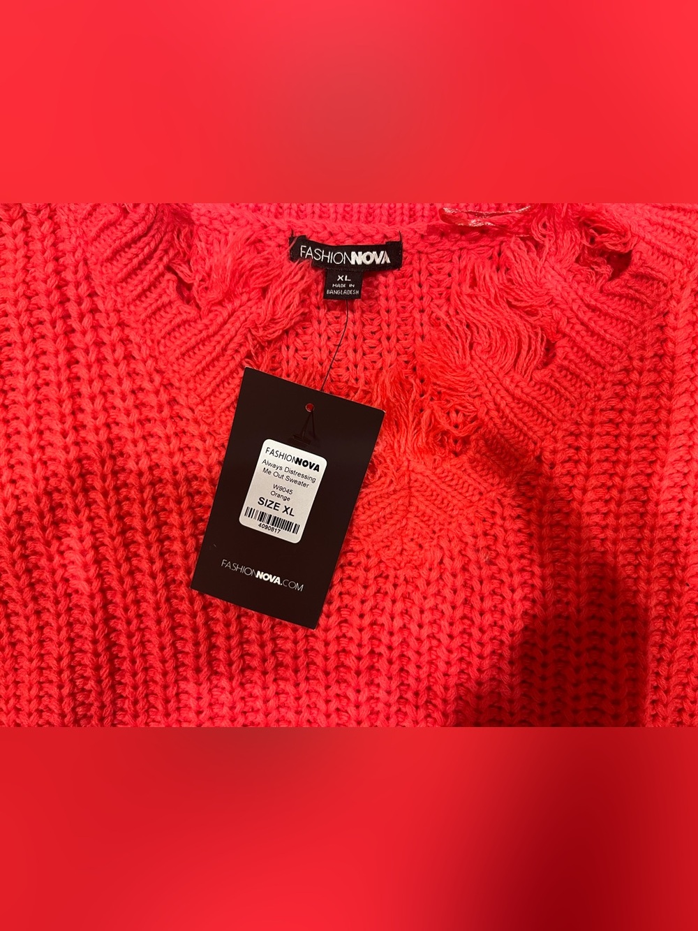Fashion Nova Coral Fringe V-Neck Distressed Knit Sweater - Picture 2 of 3